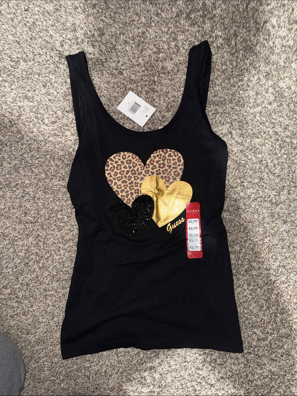 GUESS Black Tank with Leopard and Gold Heart Accents